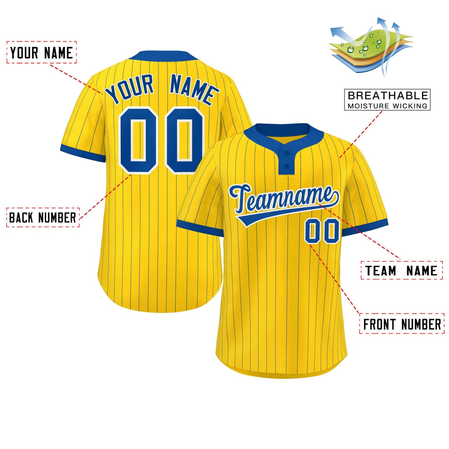 Custom Gold Royal Stripe Fashion Authentic Two-Button Baseball Jersey