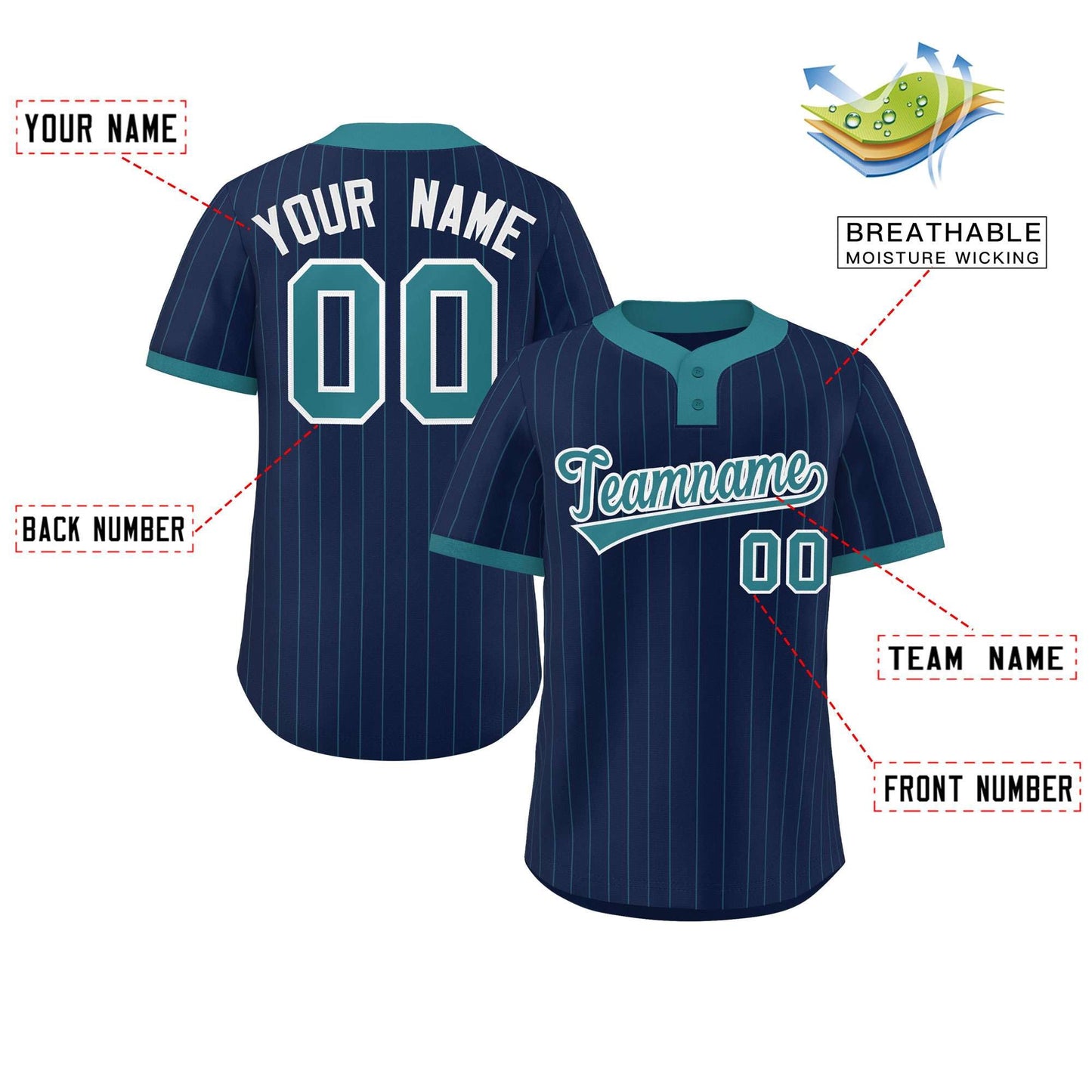 Custom Navy Aqua Stripe Fashion Authentic Two-Button Baseball Jersey