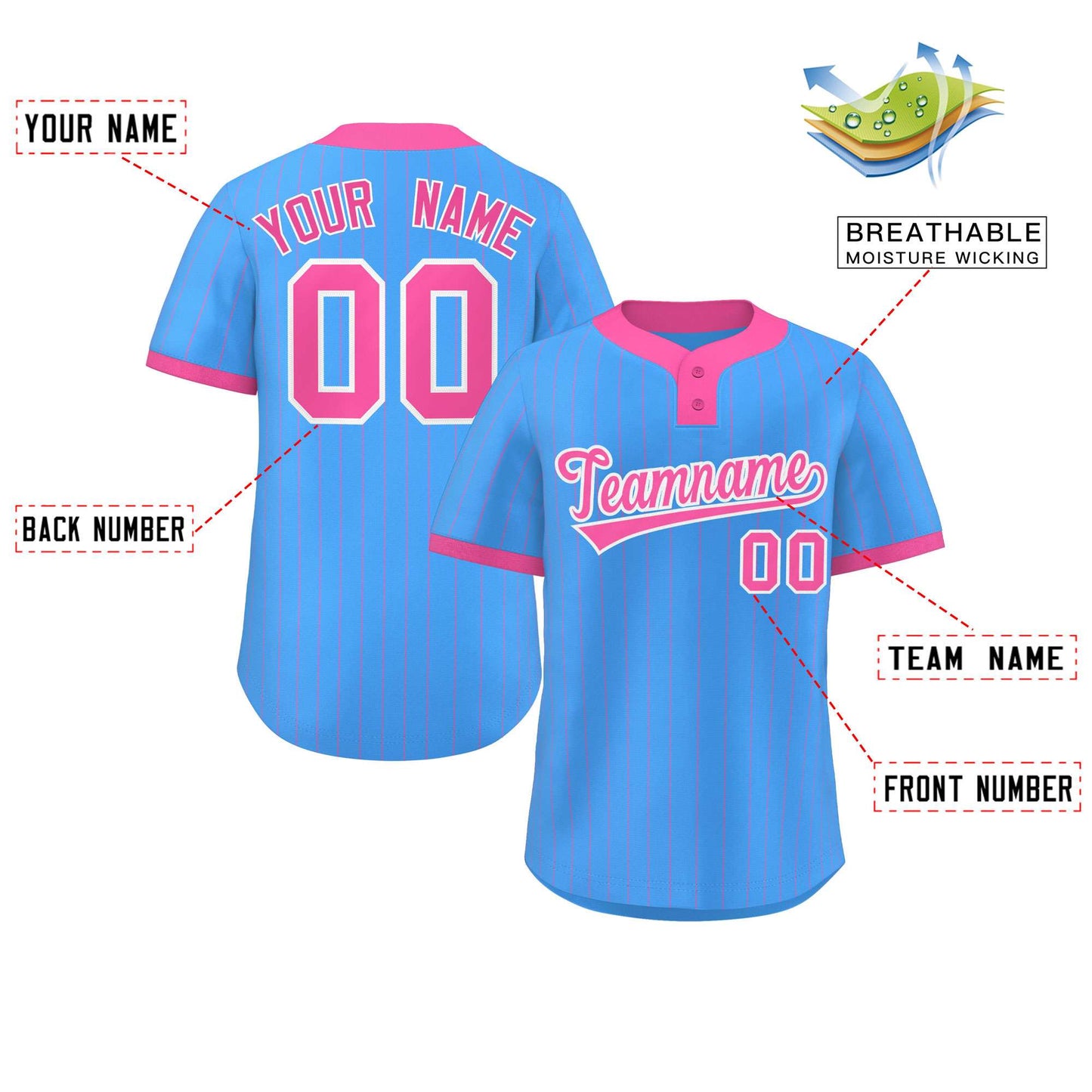 Custom Powder Blue Pink Stripe Fashion Authentic Two-Button Baseball Jersey