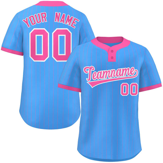 Custom Powder Blue Pink Stripe Fashion Authentic Two-Button Baseball Jersey