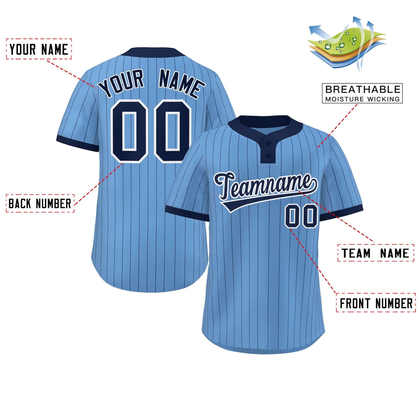 Custom Light Blue Navy Stripe Fashion Authentic Two-Button Baseball Jersey