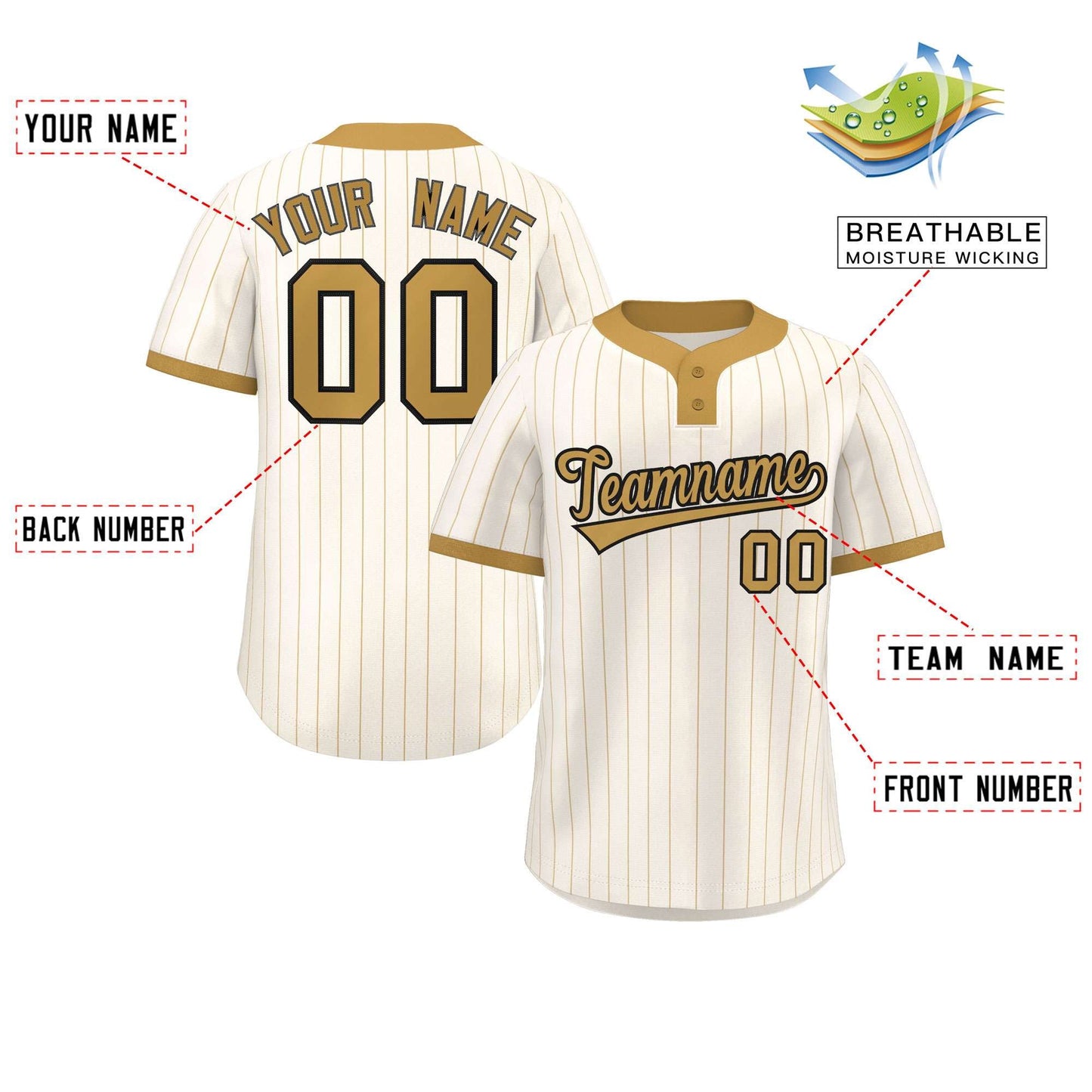 Custom Cream Old Gold Stripe Fashion Authentic Two-Button Baseball Jersey