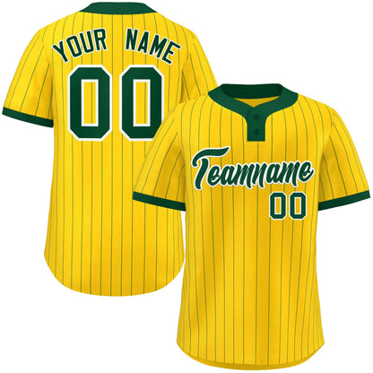 Custom Gold Green Stripe Fashion Authentic Two-Button Baseball Jersey