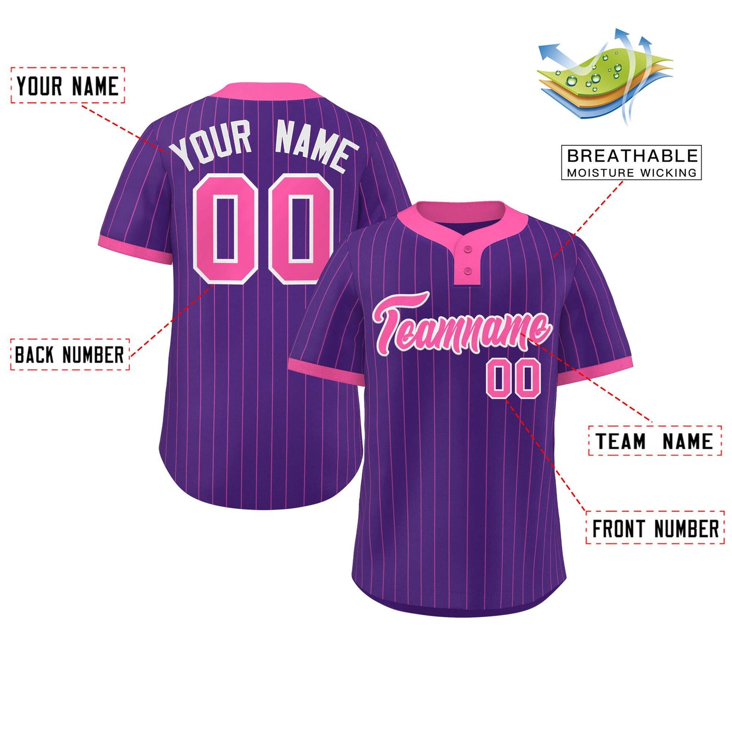 Custom Purple Pink Stripe Fashion Authentic Two-Button Baseball Jersey