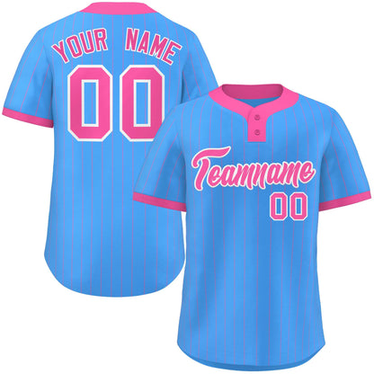 Custom Powder Blue Pink Stripe Fashion Authentic Two-Button Baseball Jersey