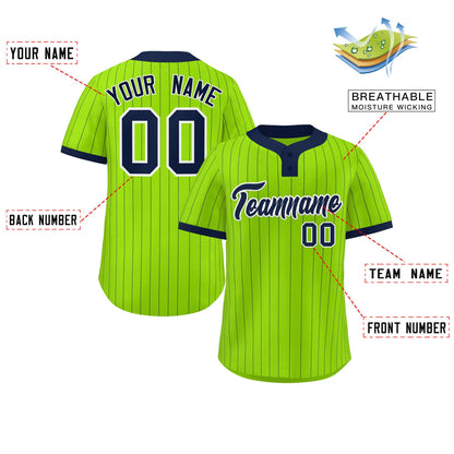 Custom Neon Green Navy Stripe Fashion Authentic Two-Button Baseball Jersey