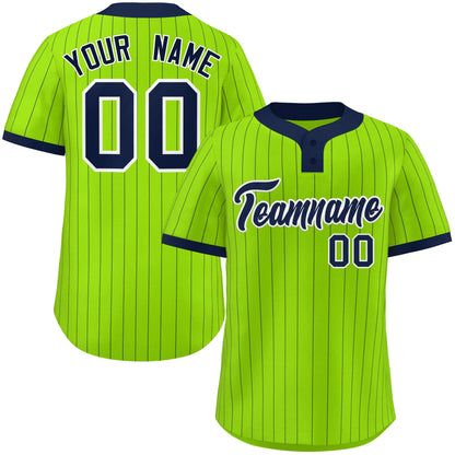 Custom Neon Green Navy Stripe Fashion Authentic Two-Button Baseball Jersey