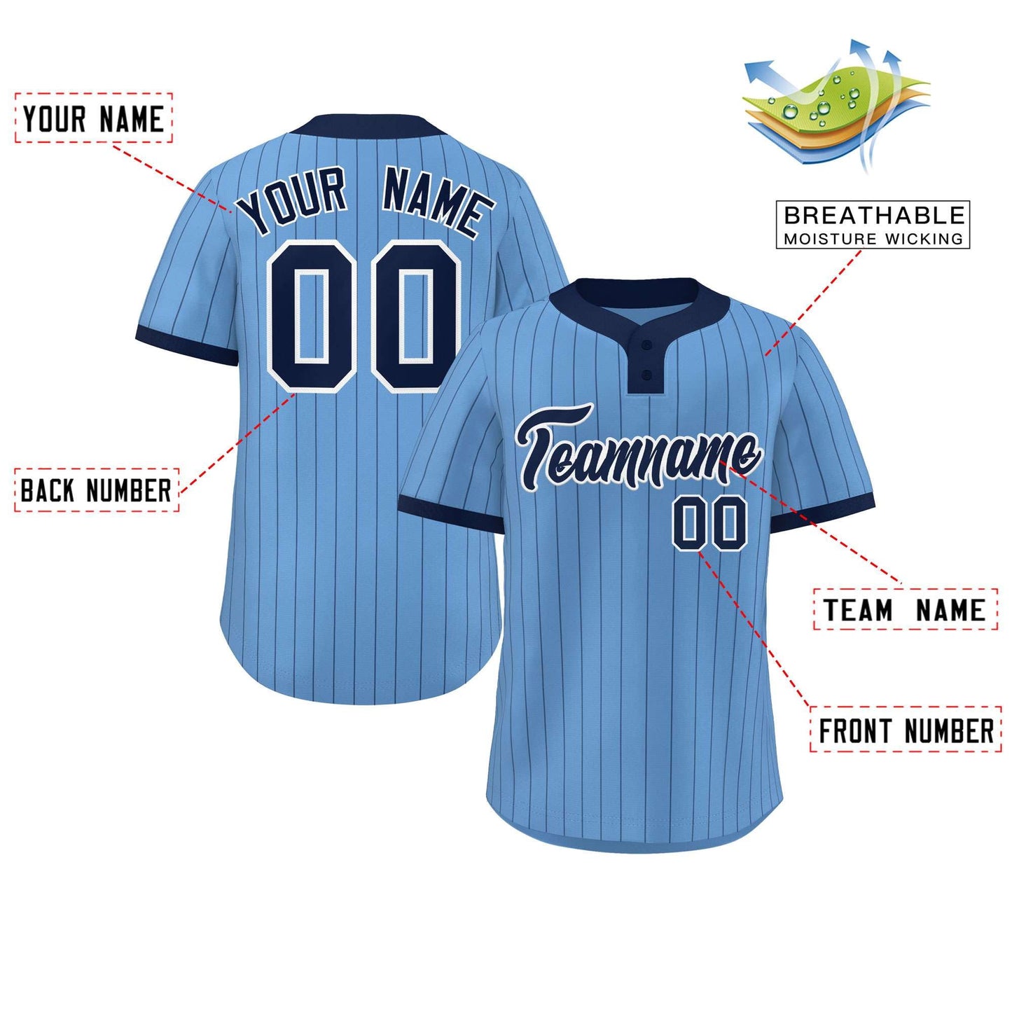 Custom Light Blue Navy Stripe Fashion Authentic Two-Button Baseball Jersey