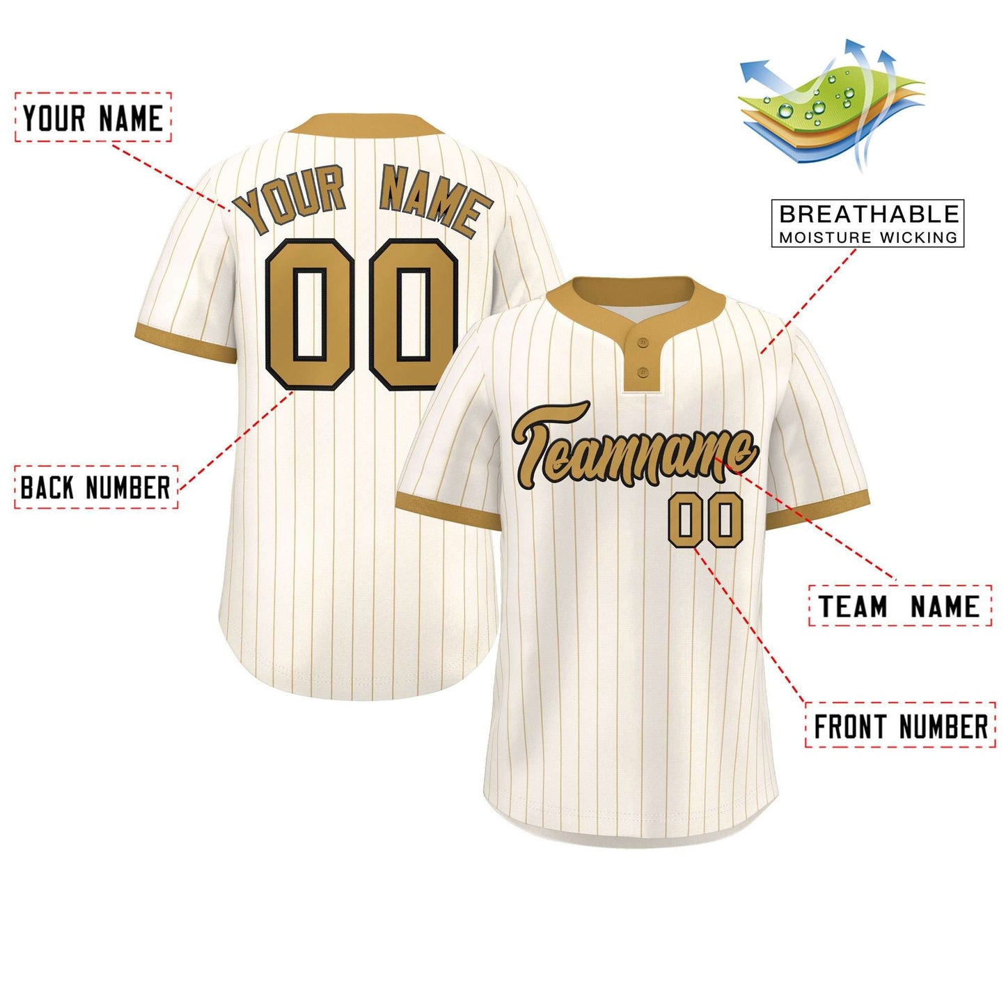 Custom Cream Old Gold Stripe Fashion Authentic Two-Button Baseball Jersey