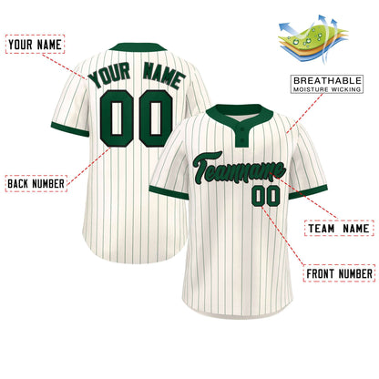 Custom Cream Green Stripe Fashion Authentic Two-Button Baseball Jersey