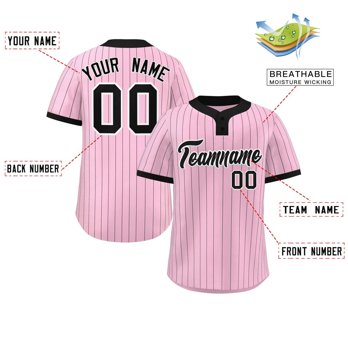 Custom Light Pink Black Stripe Fashion Authentic Two-Button Baseball Jersey