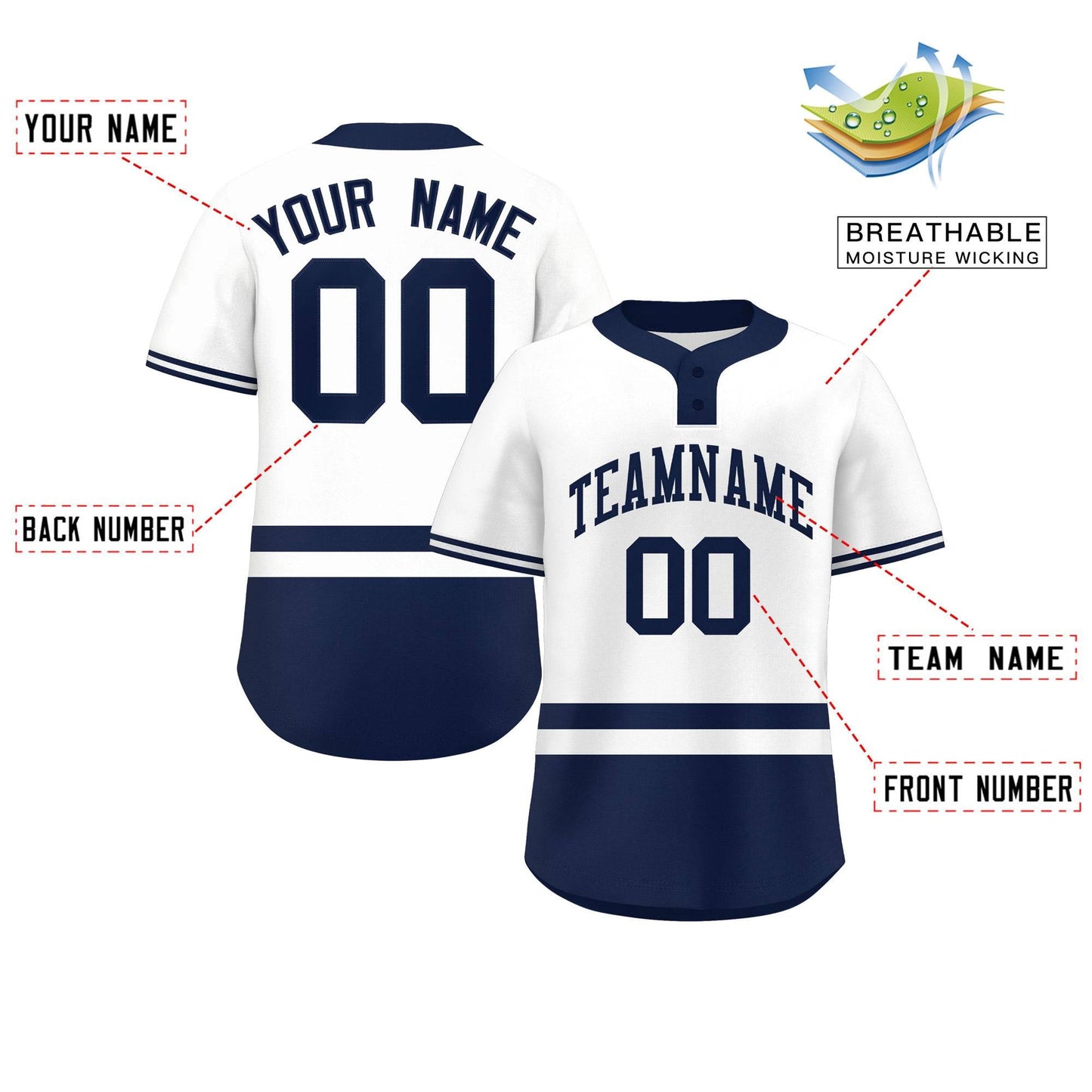 Custom White Navy Color Block Personalized Authentic Two-Button Baseball Jersey