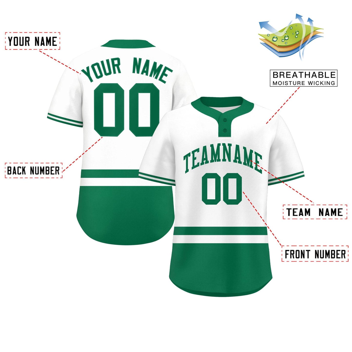 Custom White Kelly Green Color Block Personalized Authentic Two-Button Baseball Jersey