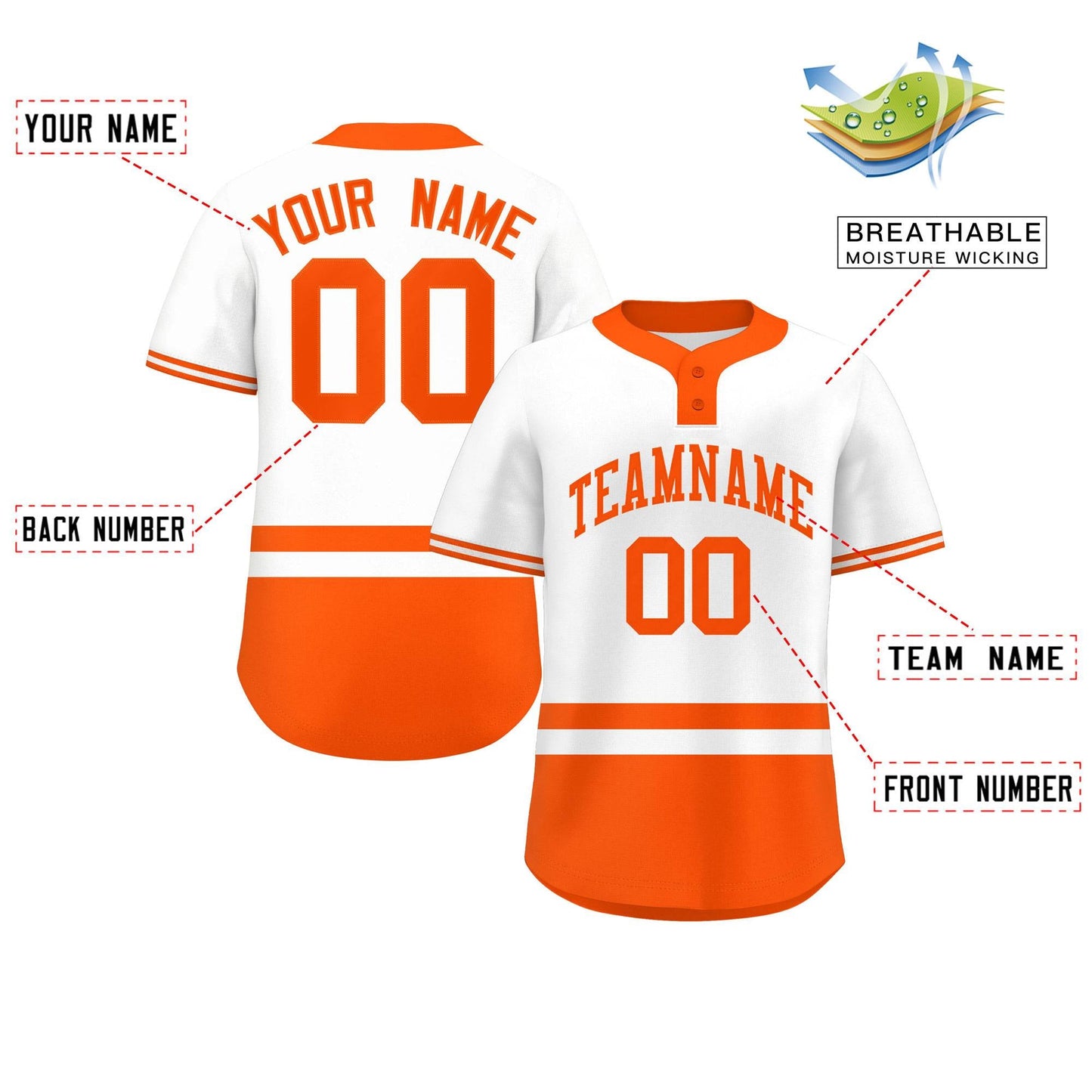 Custom White Orange Color Block Personalized Authentic Two-Button Baseball Jersey