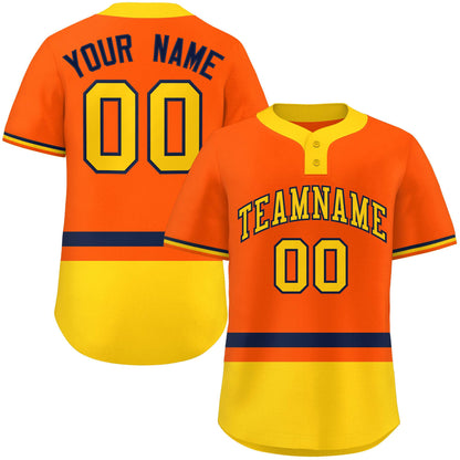 Custom Orange Navy-Gold Color Block Personalized Authentic Two-Button Baseball Jersey