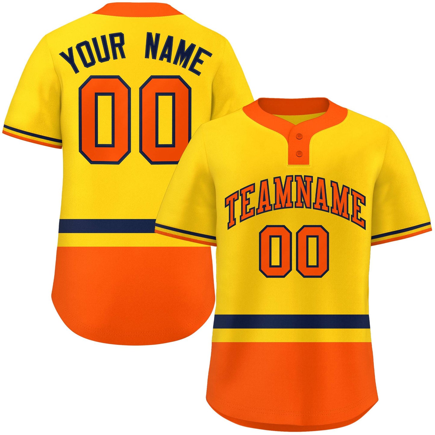 Custom Gold Navy-Orange Color Block Personalized Authentic Two-Button Baseball Jersey