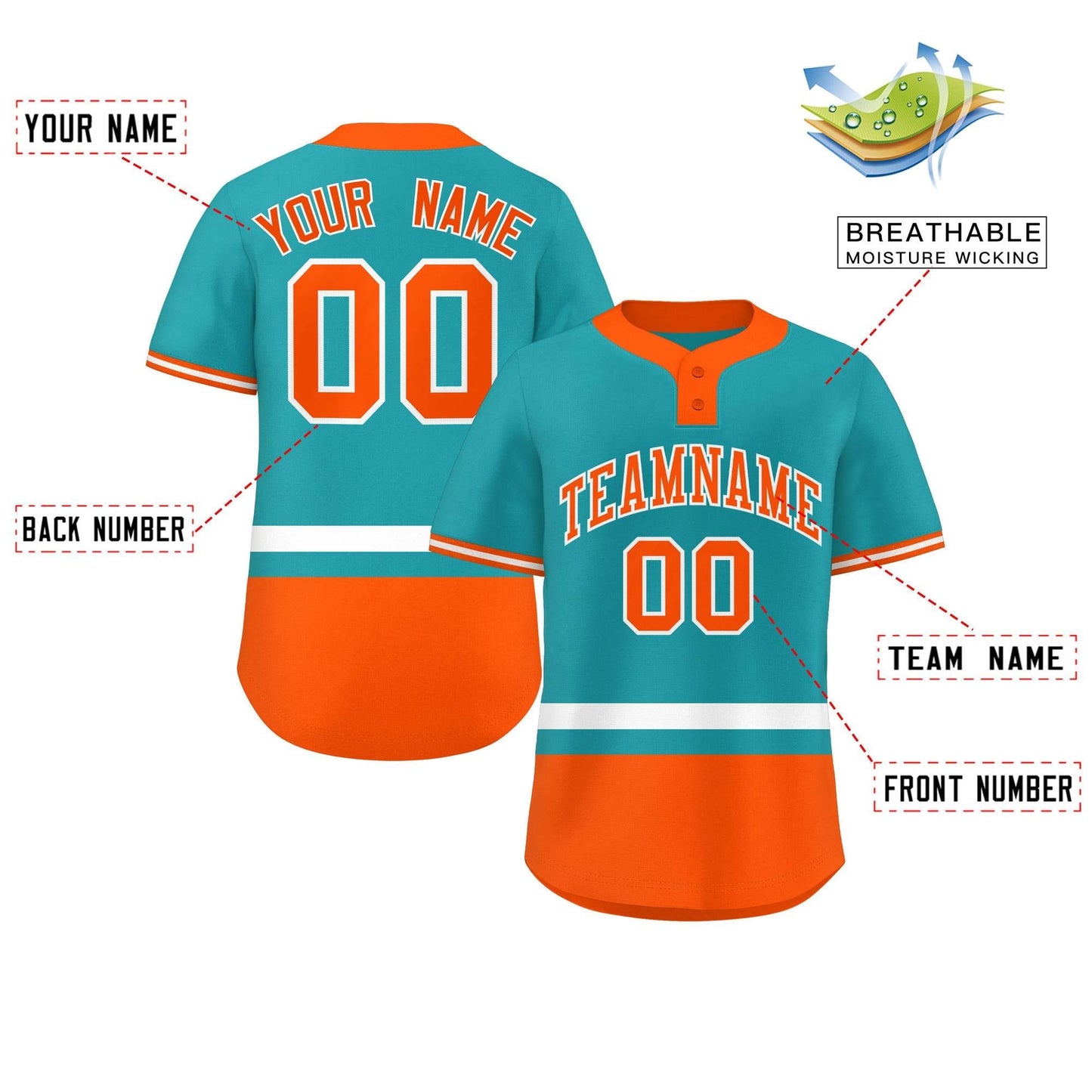 Custom Aqua White-Orange Color Block Personalized Authentic Two-Button Baseball Jersey