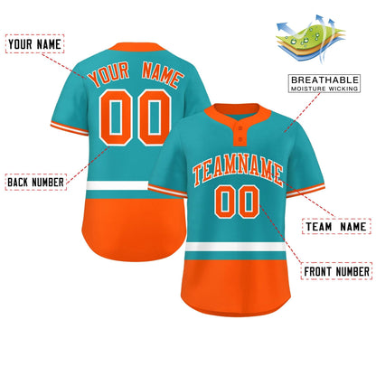 Custom Aqua White-Orange Color Block Personalized Authentic Two-Button Baseball Jersey