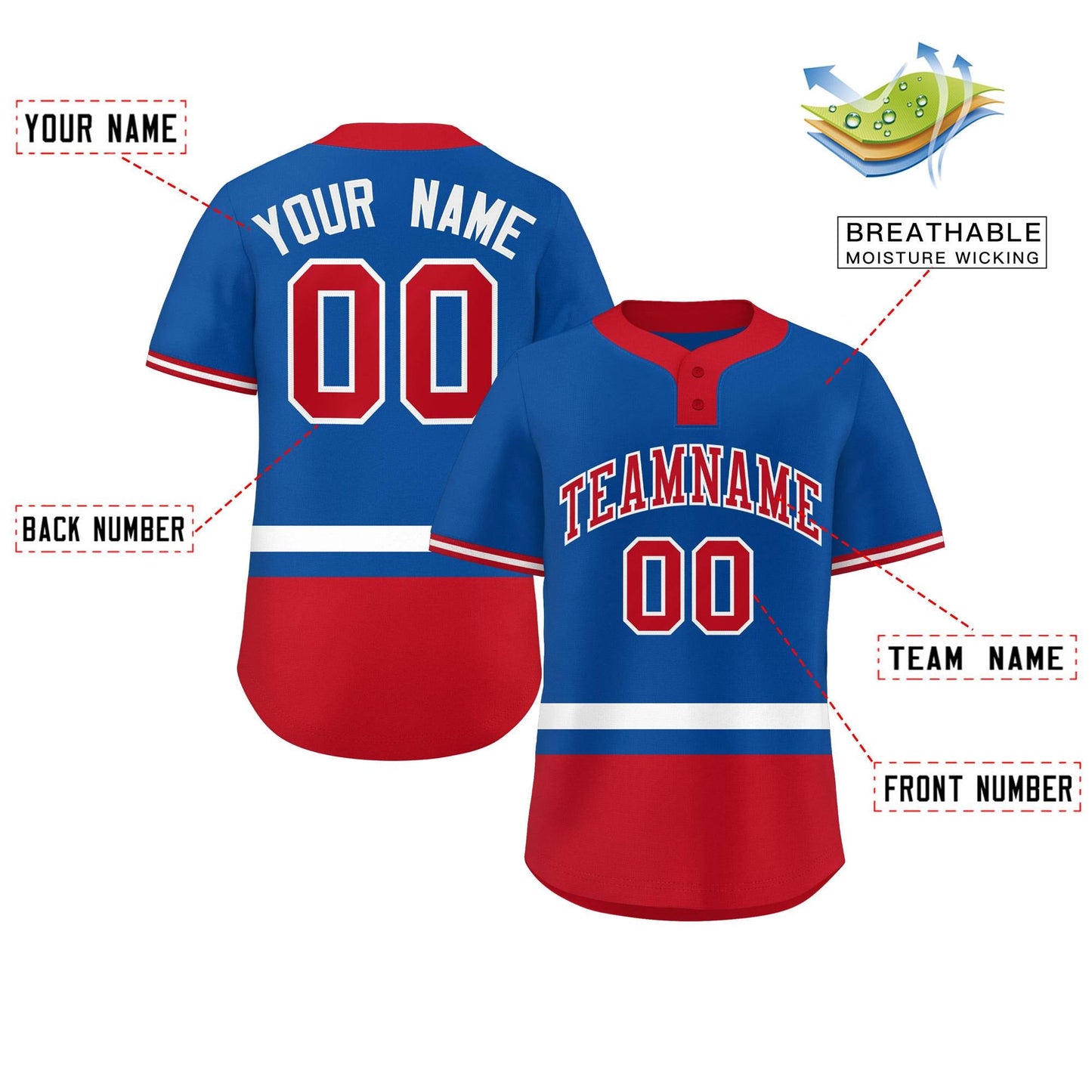 Custom Royal White-Red Color Block Personalized Authentic Two-Button Baseball Jersey