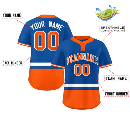 Custom Royal White-Orange Color Block Personalized Authentic Two-Button Baseball Jersey