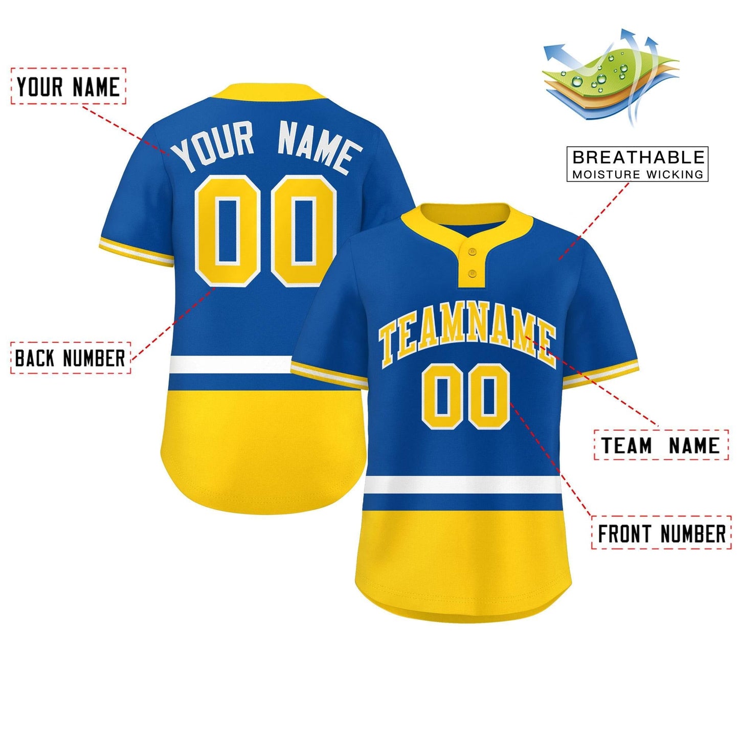 Custom Royal White-Gold Color Block Personalized Authentic Two-Button Baseball Jersey