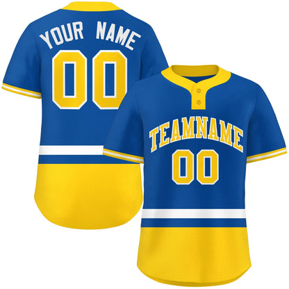 Custom Royal White-Gold Color Block Personalized Authentic Two-Button Baseball Jersey