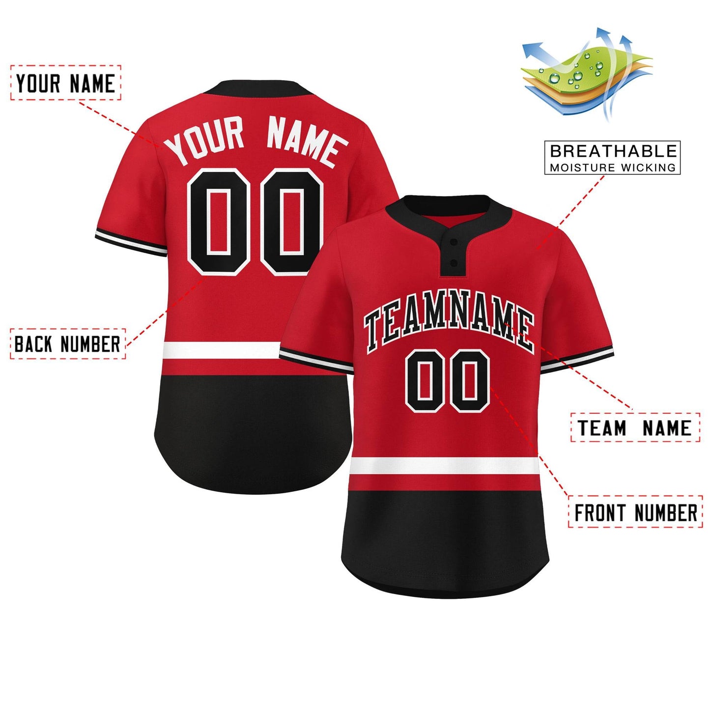 Custom Red White-Black Color Block Personalized Authentic Two-Button Baseball Jersey