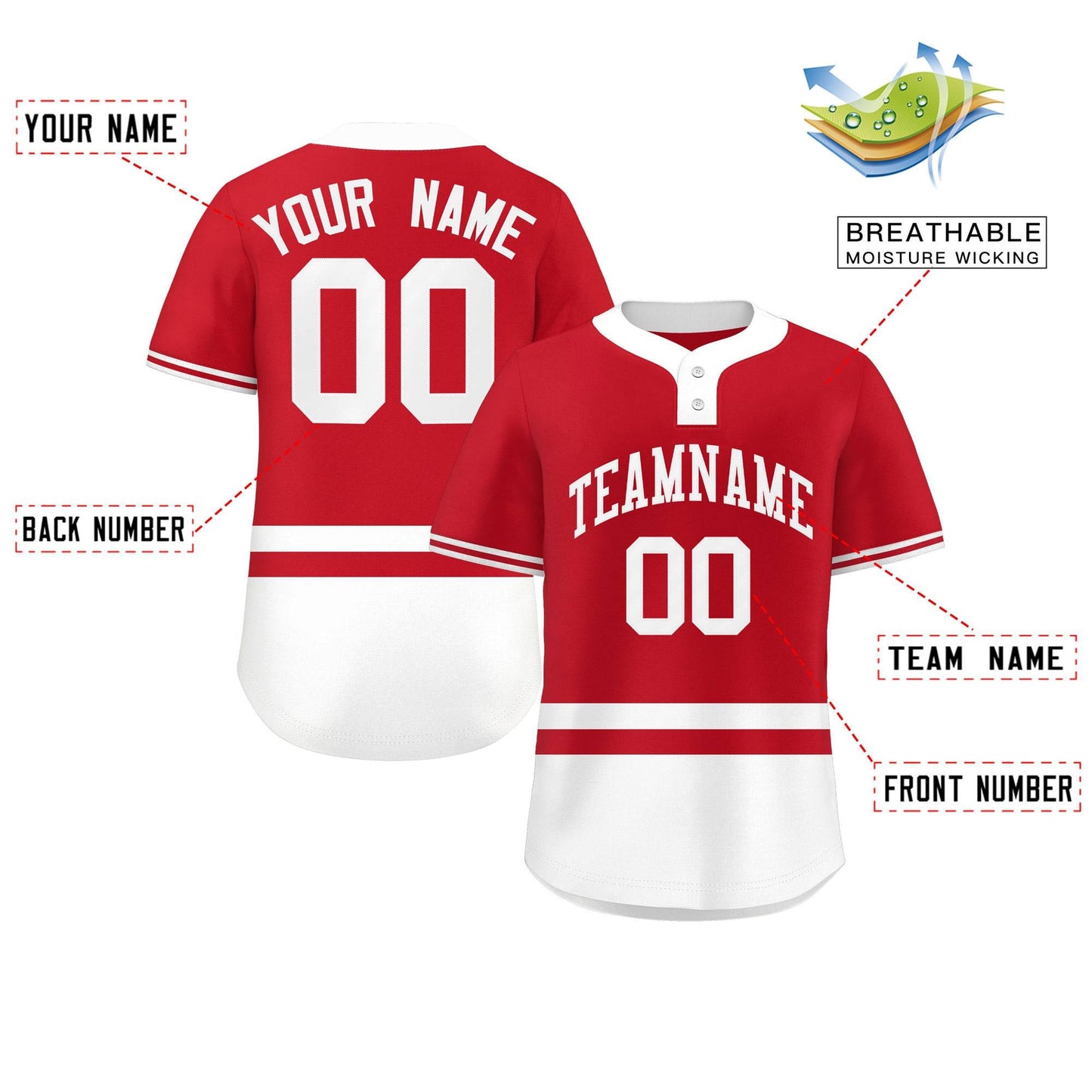 Custom Red White Color Block Personalized Authentic Two-Button Baseball Jersey