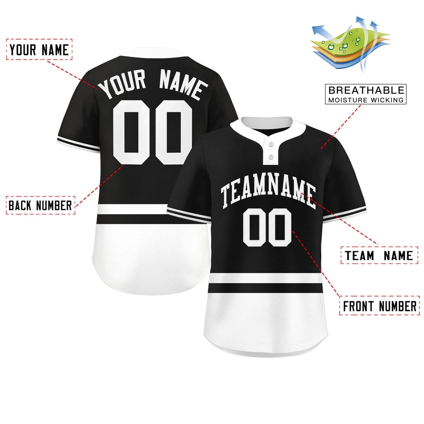 Custom Black White Color Block Personalized Authentic Two-Button Baseball Jersey