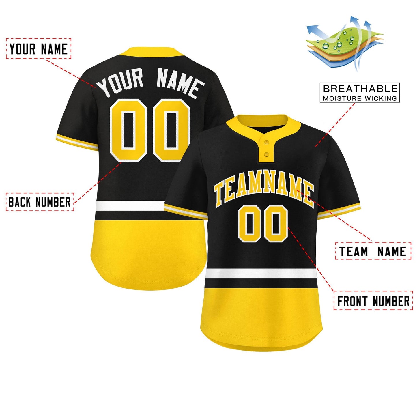 Custom Black White-Gold Color Block Personalized Authentic Two-Button Baseball Jersey