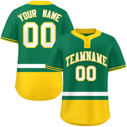 Custom Kelly Green White-Gold Color Block Personalized Authentic Two-Button Baseball Jersey