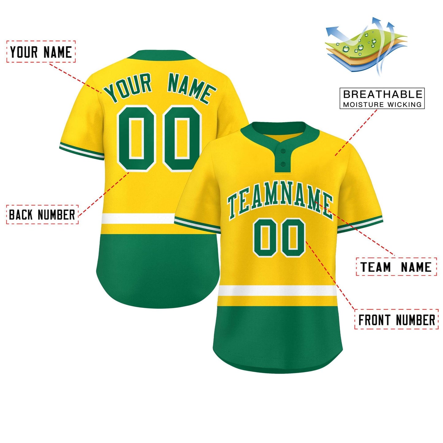 Custom Gold White-Kelly Green Color Block Personalized Authentic Two-Button Baseball Jersey