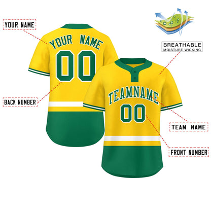 Custom Gold White-Kelly Green Color Block Personalized Authentic Two-Button Baseball Jersey