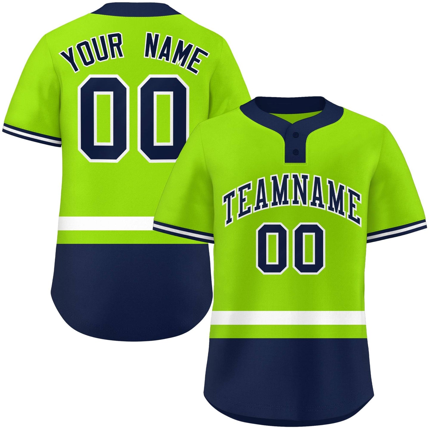 Custom Neon Green White-Navy Color Block Personalized Authentic Two-Button Baseball Jersey