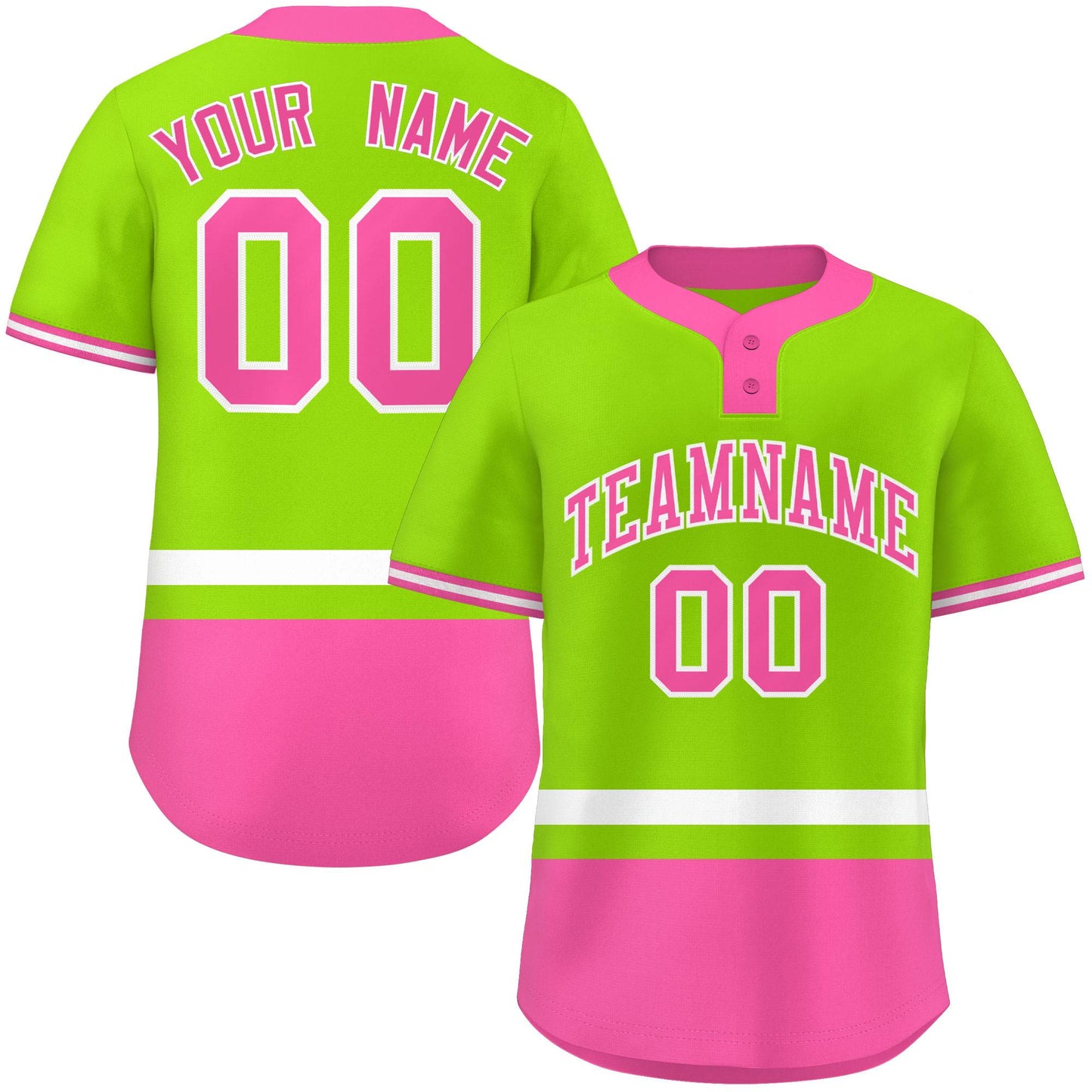 Custom Neon Green White-Pink Color Block Personalized Authentic Two-Button Baseball Jersey