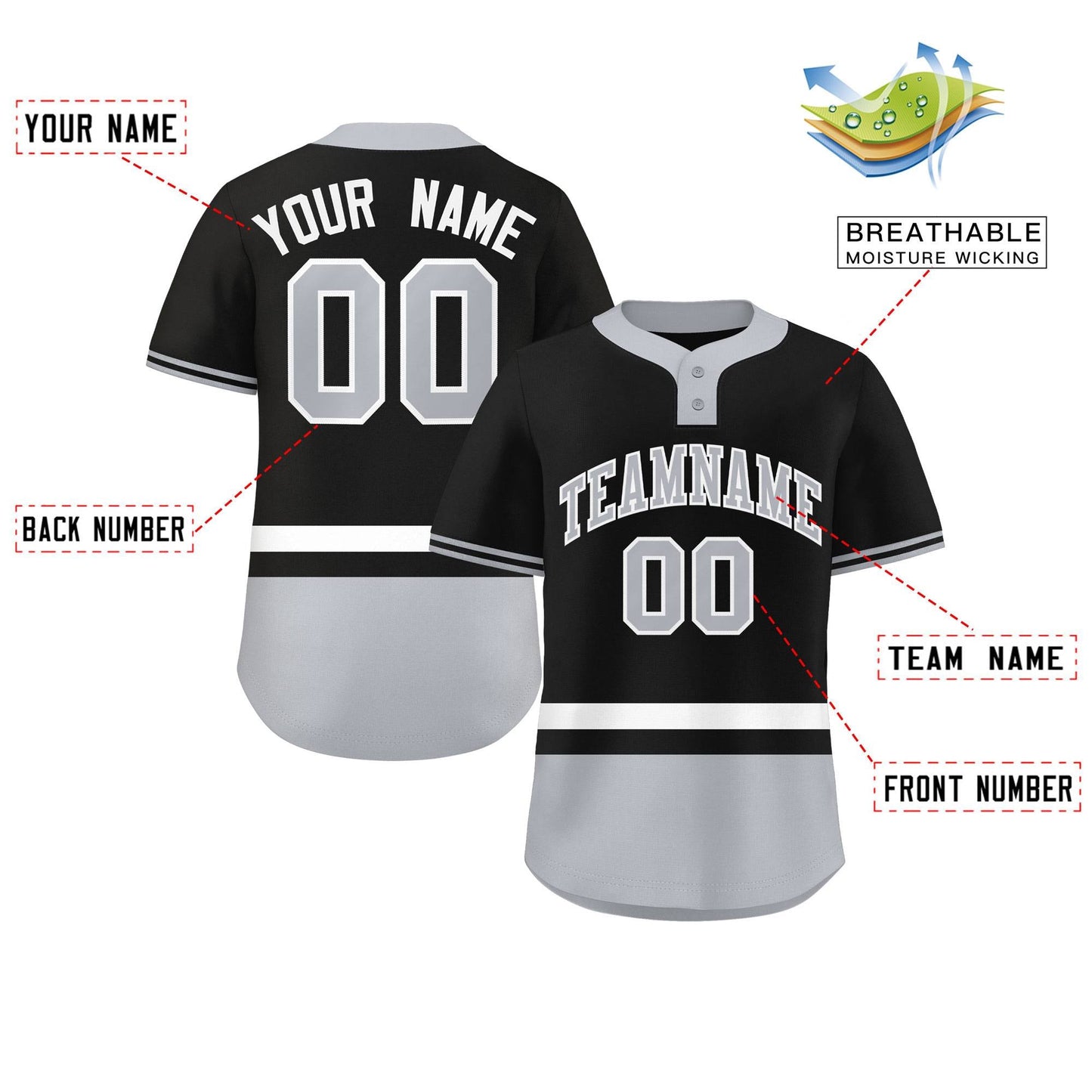 Custom Black White-Gray Color Block Personalized Authentic Two-Button Baseball Jersey