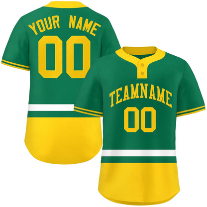 Custom Kelly Green White-Gold Color Block Personalized Authentic Two-Button Baseball Jersey