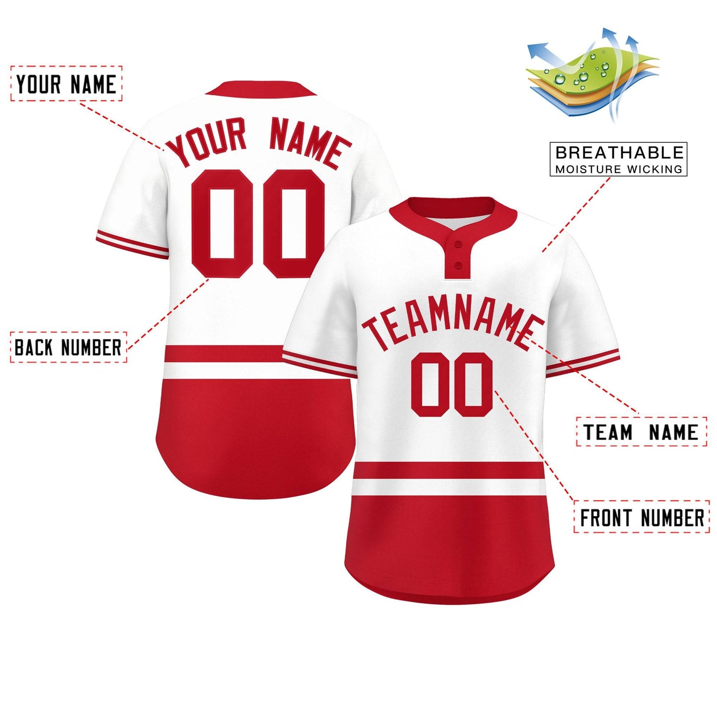 Custom White Red Color Block Personalized Authentic Two-Button Baseball Jersey