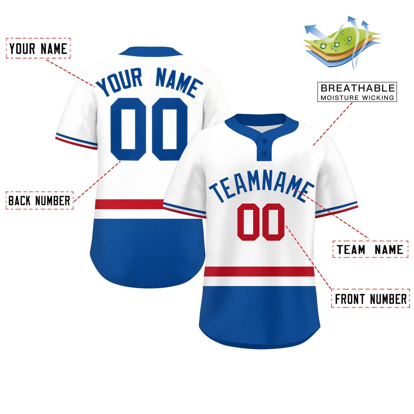 Custom White Red-Royal Color Block Personalized Authentic Two-Button Baseball Jersey