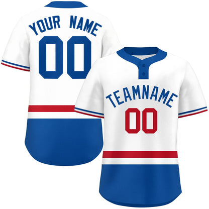 Custom White Red-Royal Color Block Personalized Authentic Two-Button Baseball Jersey