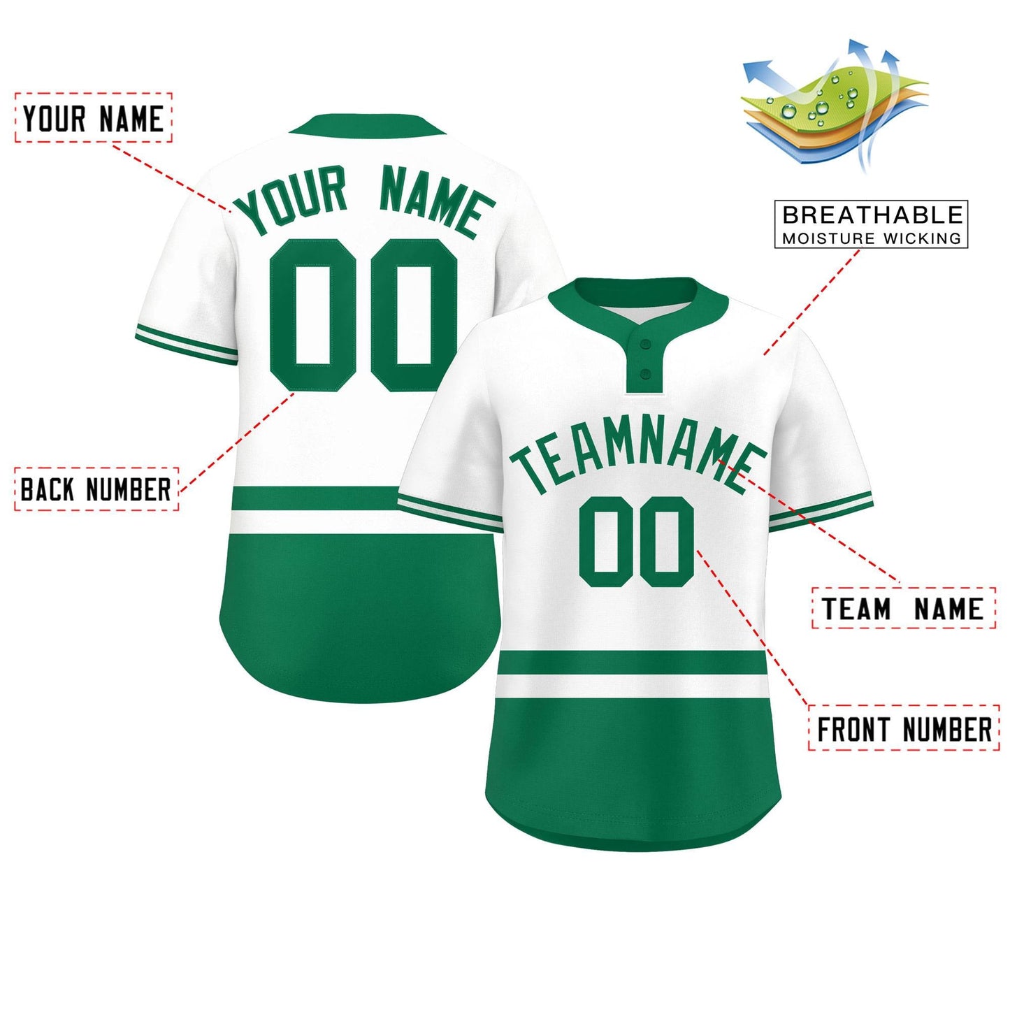 Custom White Kelly Green Color Block Personalized Authentic Two-Button Baseball Jersey