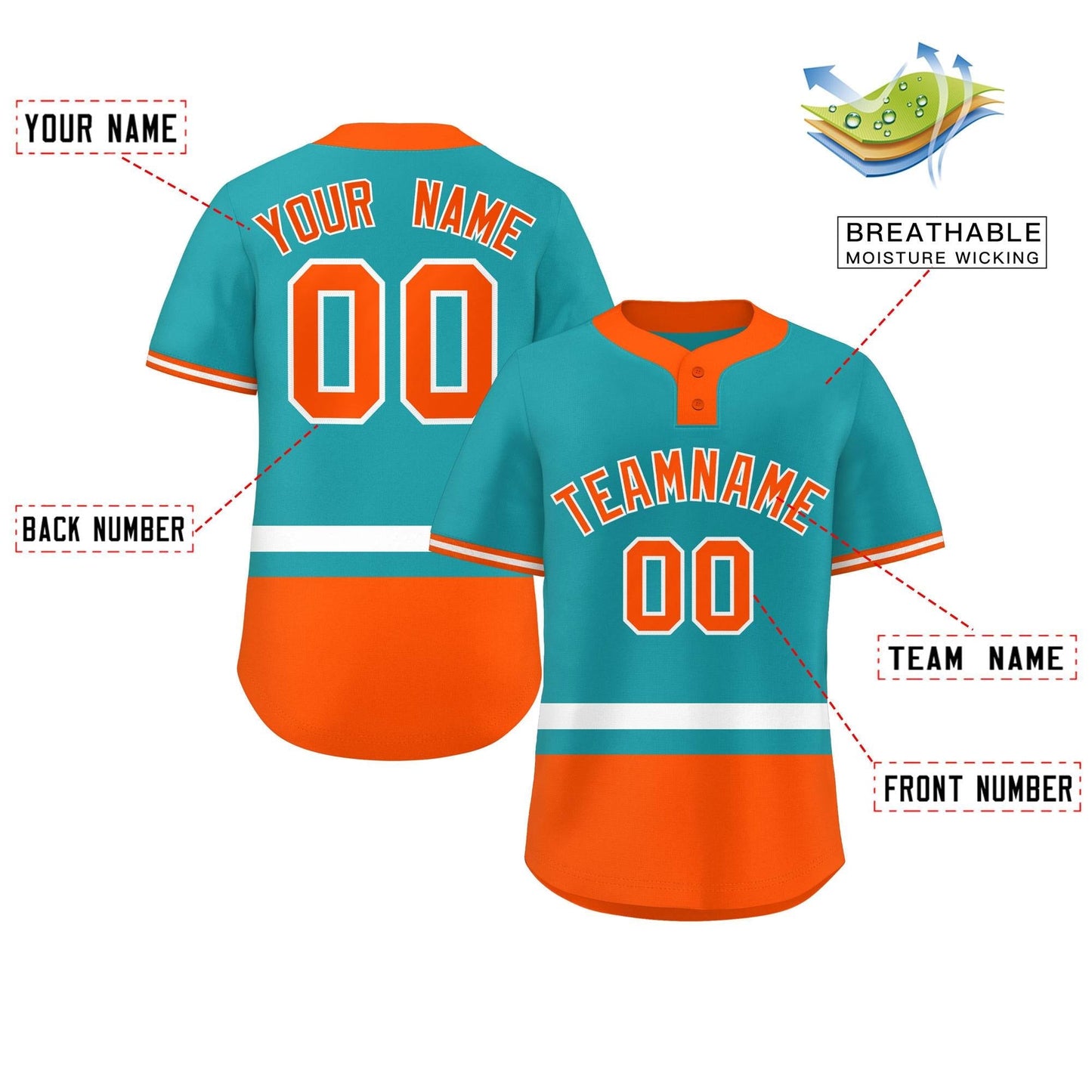 Custom Aqua White-Orange Color Block Personalized Authentic Two-Button Baseball Jersey