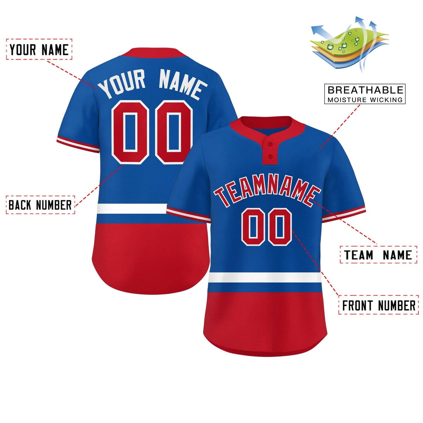 Custom Royal White-Red Color Block Personalized Authentic Two-Button Baseball Jersey