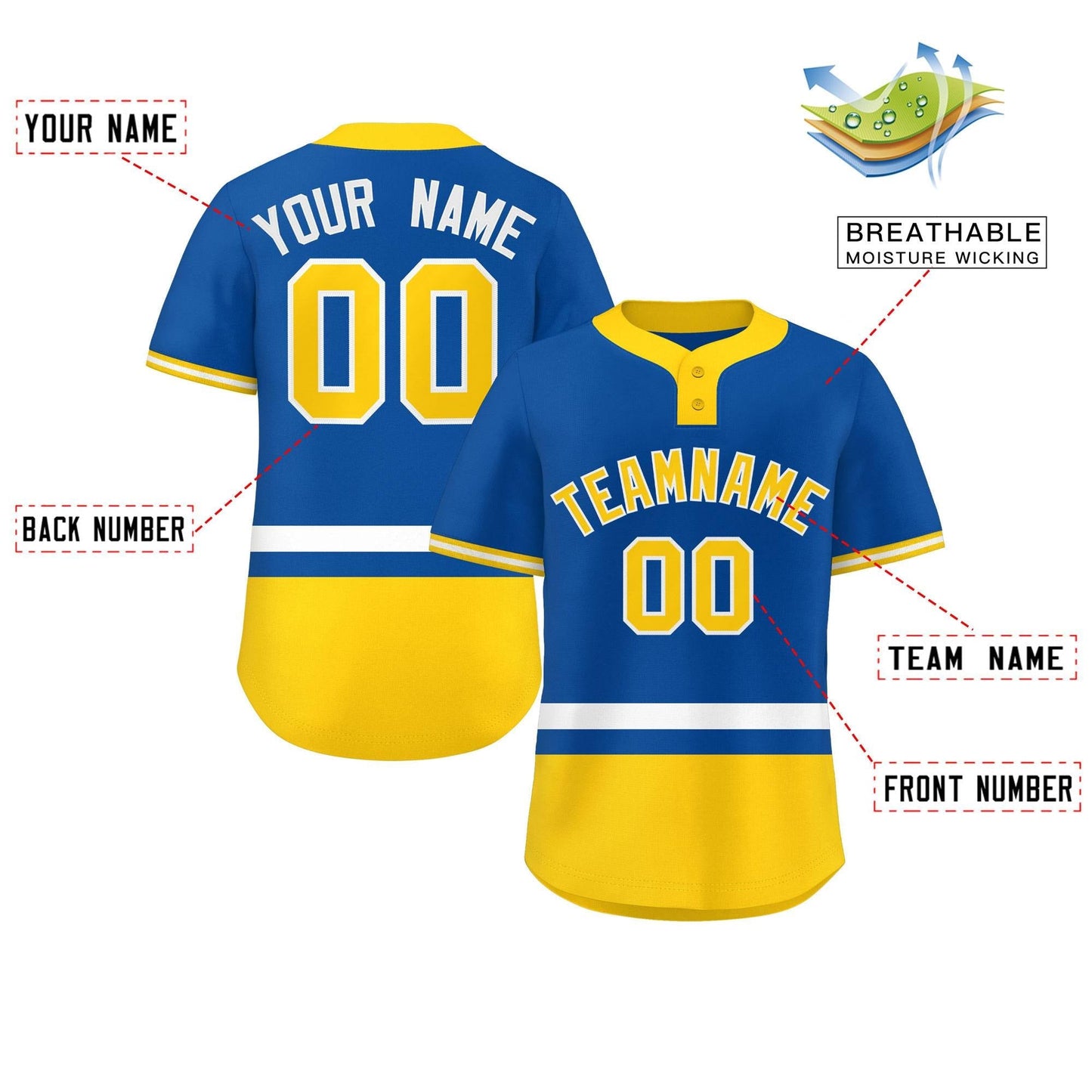 Custom Royal White-Gold Color Block Personalized Authentic Two-Button Baseball Jersey