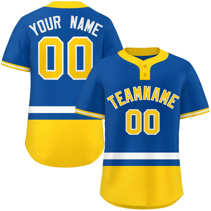 Custom Royal White-Gold Color Block Personalized Authentic Two-Button Baseball Jersey