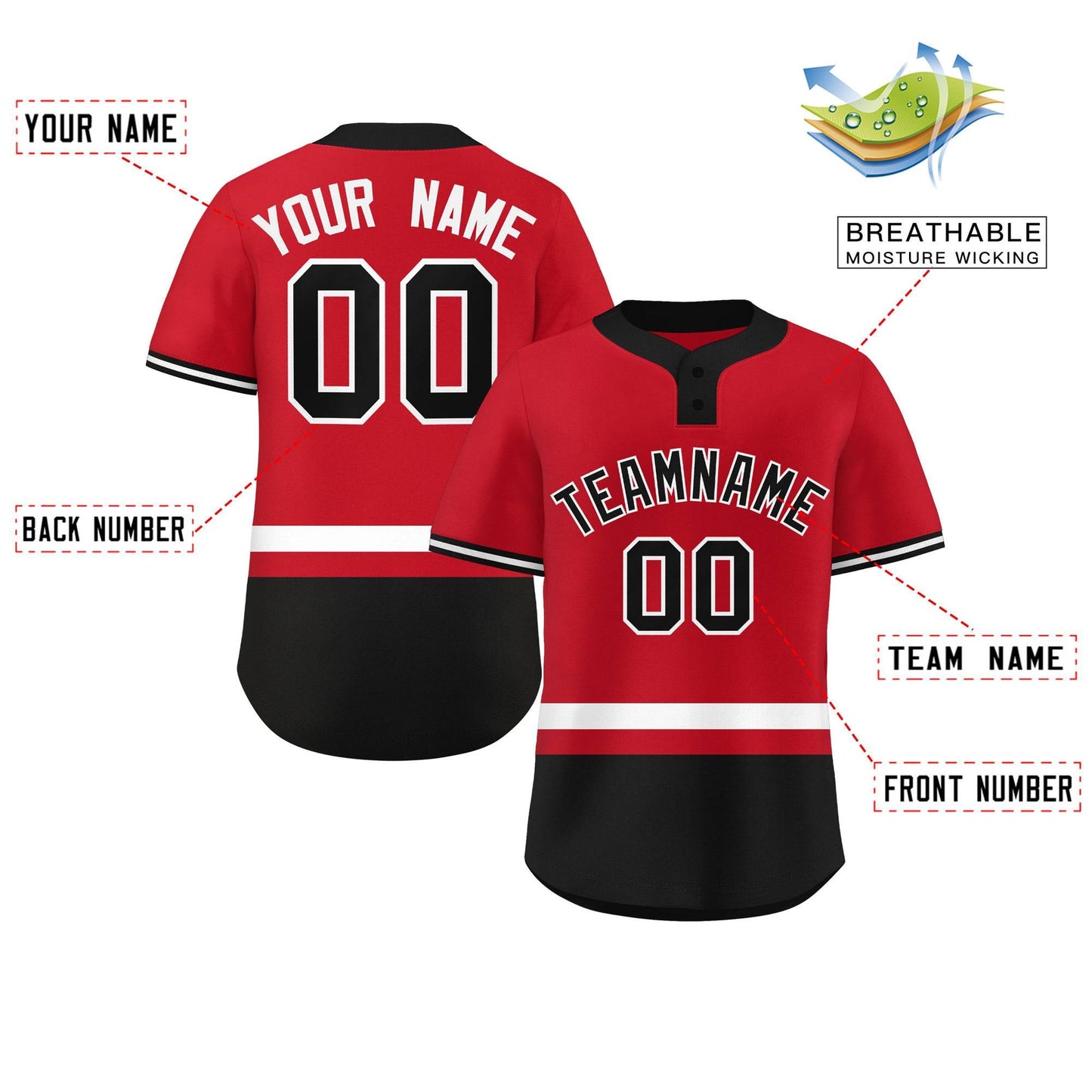 Custom Red White-Black Color Block Personalized Authentic Two-Button Baseball Jersey