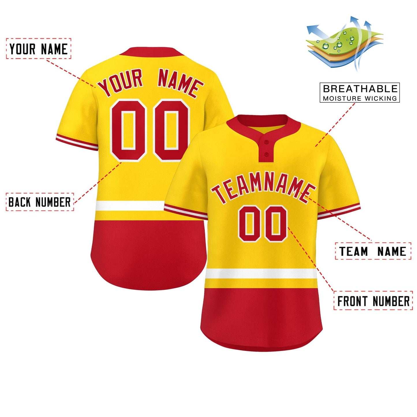 Custom Gold White-Red Color Block Personalized Authentic Two-Button Baseball Jersey