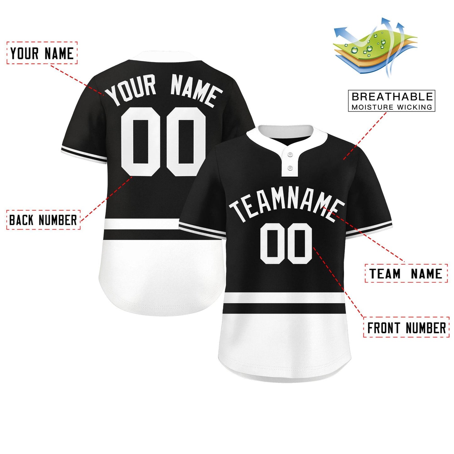 Custom Black White Color Block Personalized Authentic Two-Button Baseball Jersey