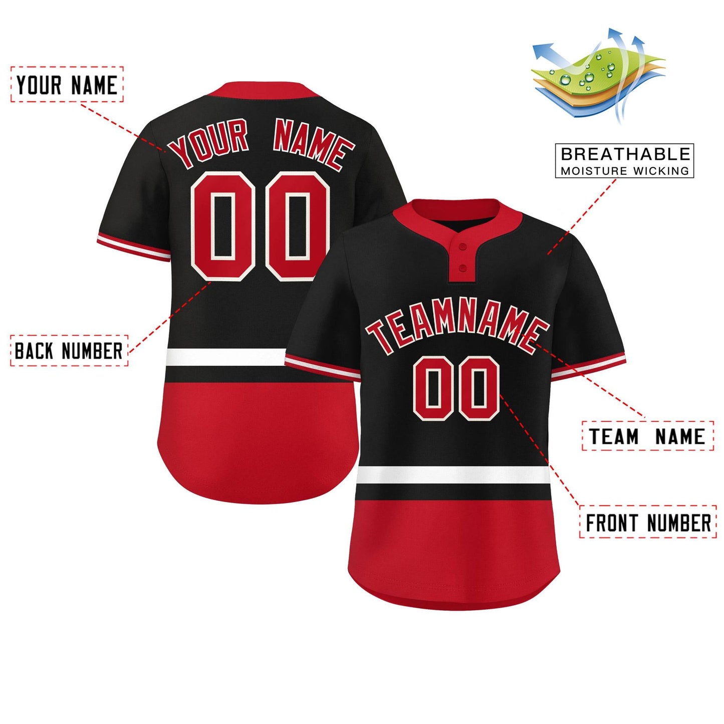 Custom Black White-Red Color Block Personalized Authentic Two-Button Baseball Jersey