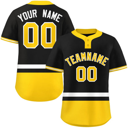 Custom Black White-Gold Color Block Personalized Authentic Two-Button Baseball Jersey